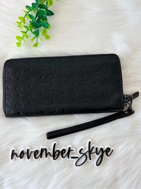 MCM Black Embossed Leather Zip Wallet with Wrist Strap